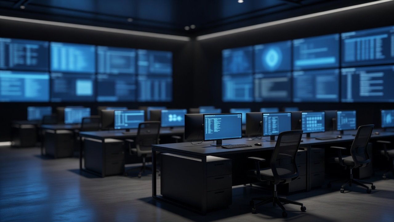 Abstract security operations center concept imagery with layered monitoring displays in a dark room