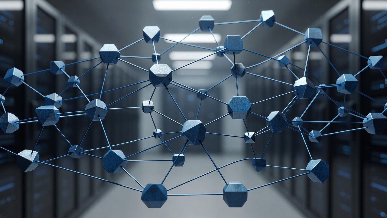 Abstract layered network diagram suggesting a supply chain of connected systems under review