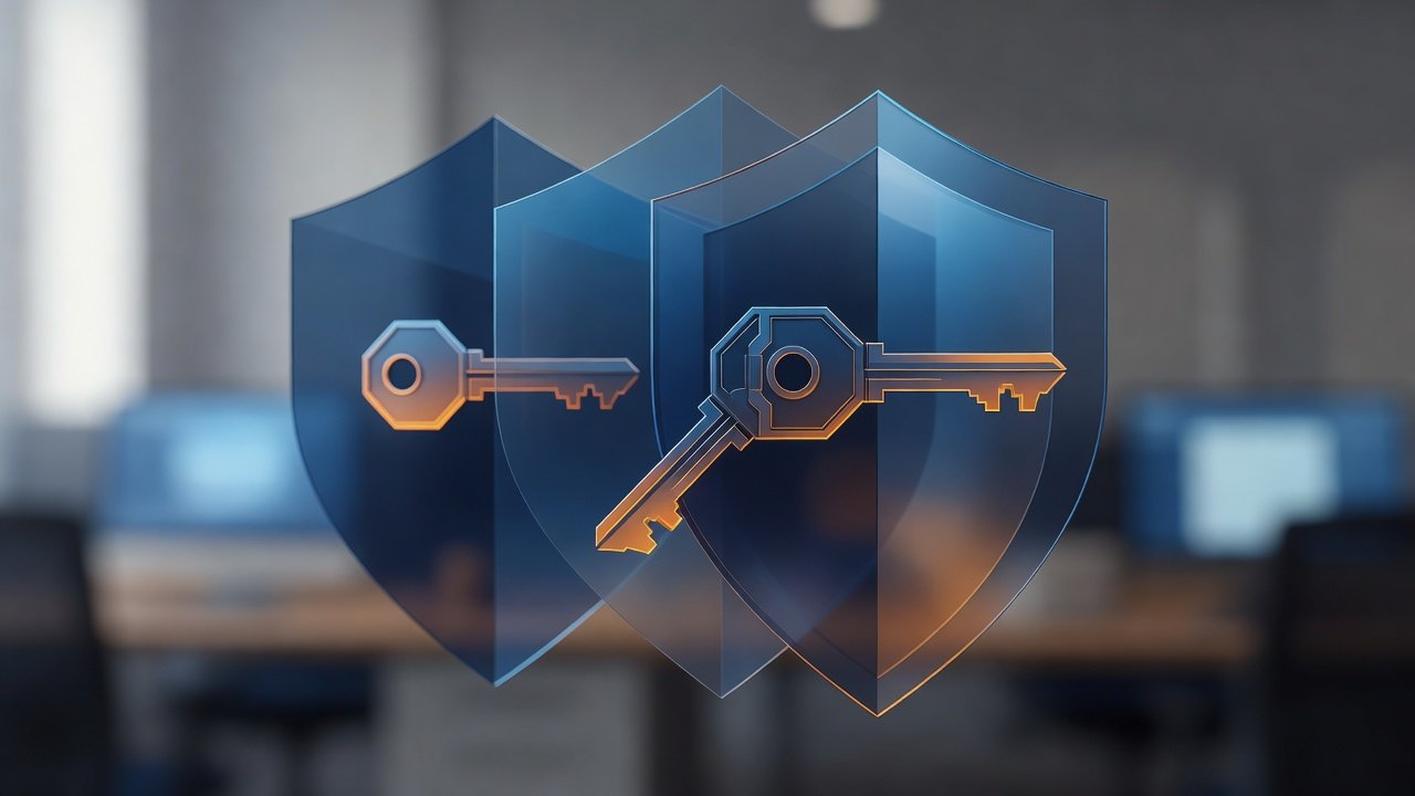 Abstract security operations concept imagery with layered authentication and monitoring elements