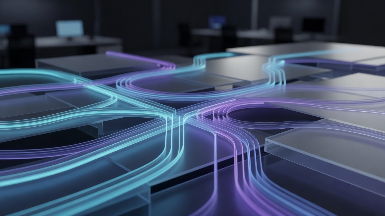 Abstract concept imagery of an automated service desk workflow with layered decision pathways