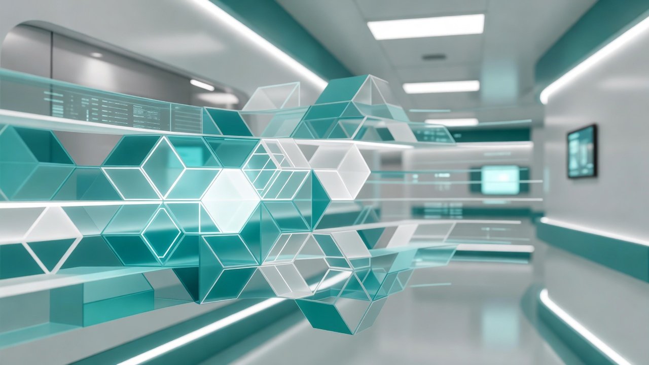 Abstract concept imagery of encrypted data flows through a healthcare facility network