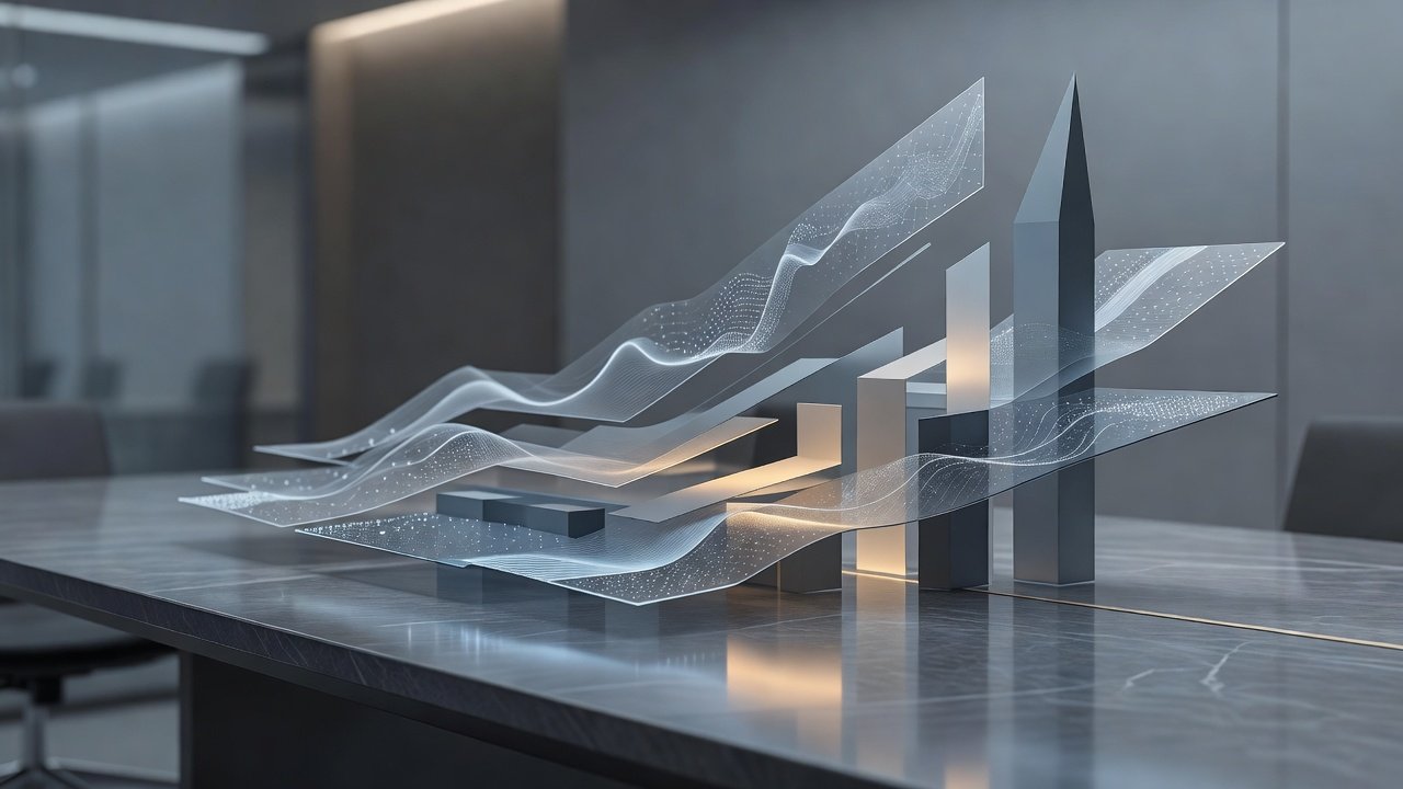 Abstract concept imagery of a contract negotiation table with layered data visualizations